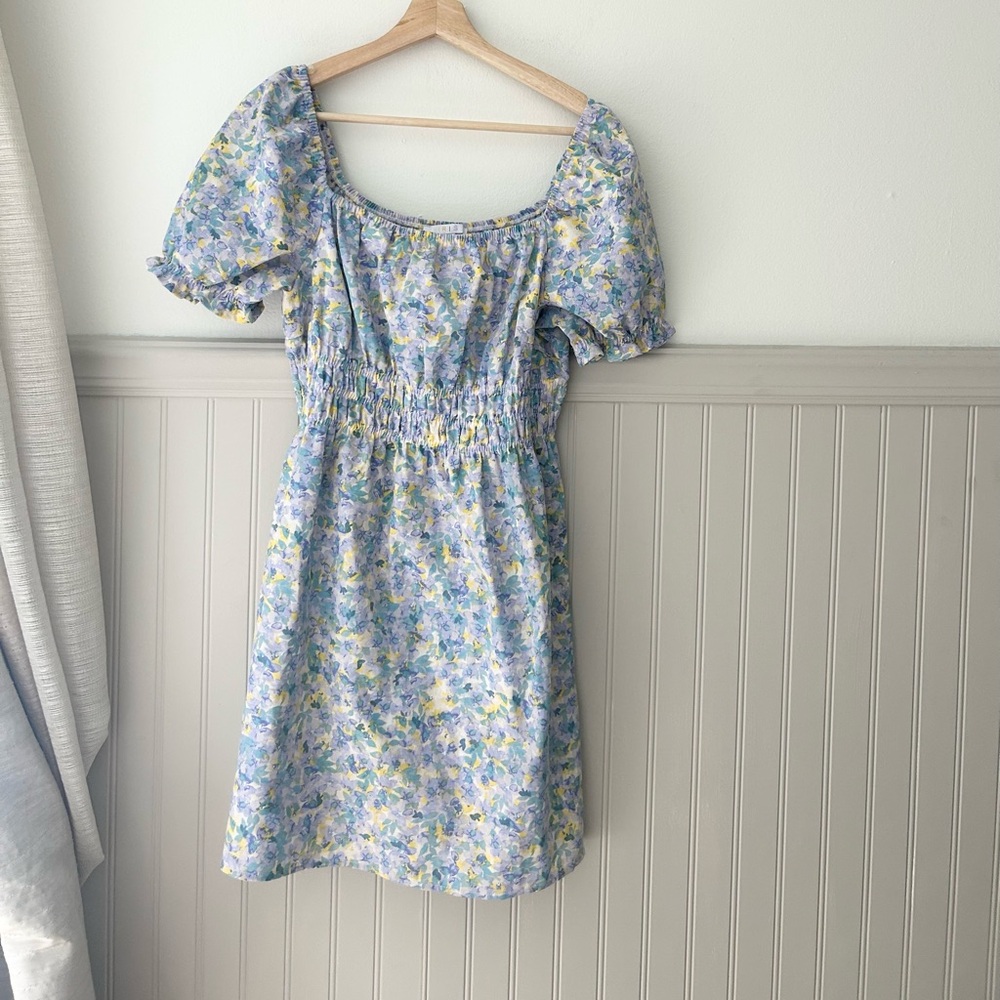 Iris Large Linen Blend Blue & Yellow Cinched Waist Floral Puff Sleeve Dress